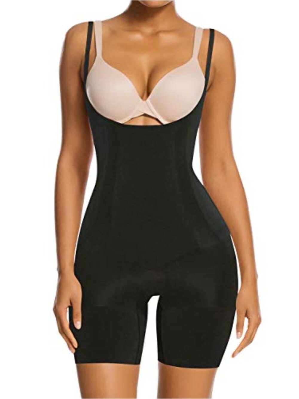 Seamless Shapewear Bodysuit Open Bust Tummy Control Mid Thigh High Stretch